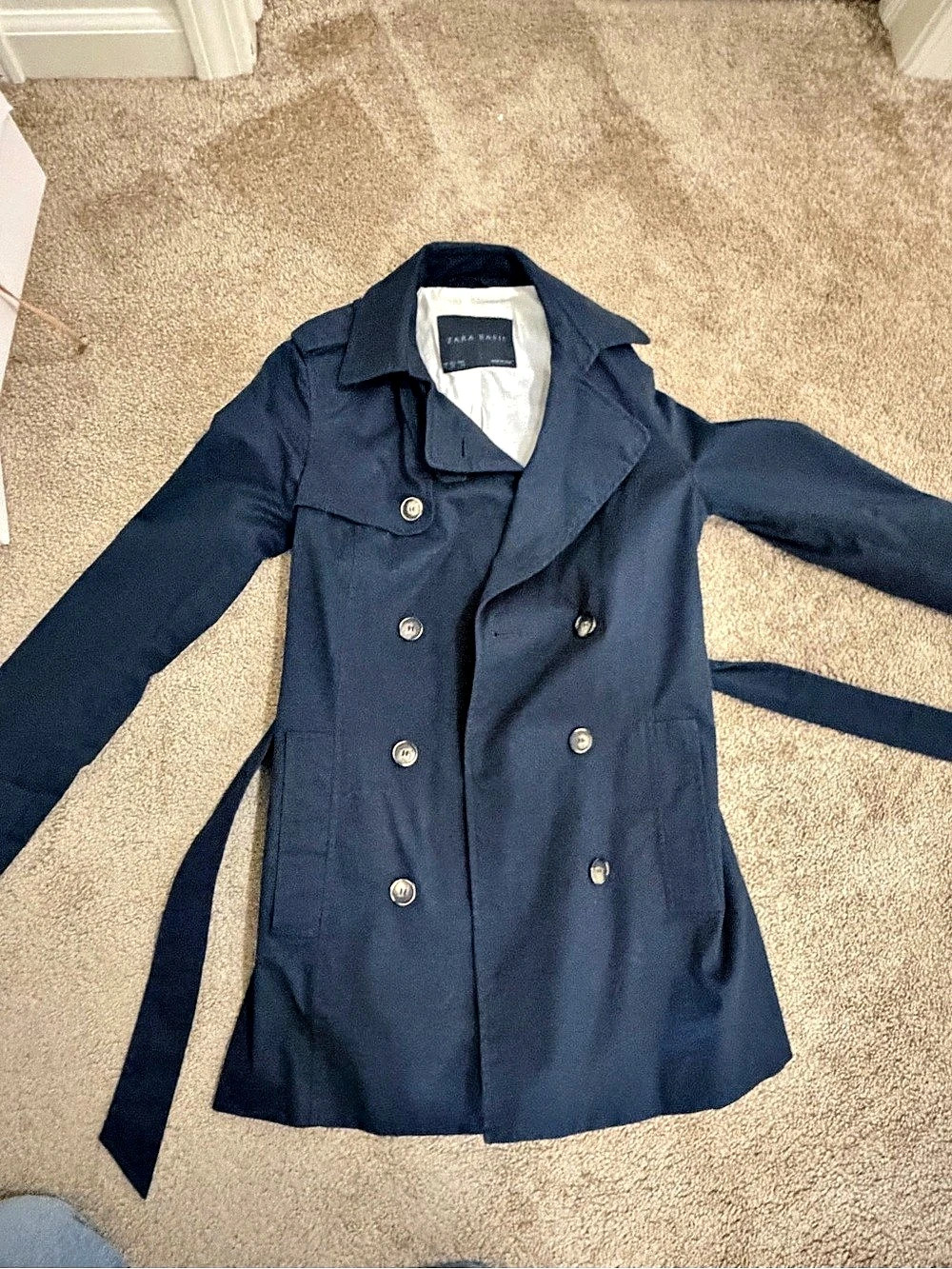 Zara Double-Breasted Trench Coat in Blue Size Medium